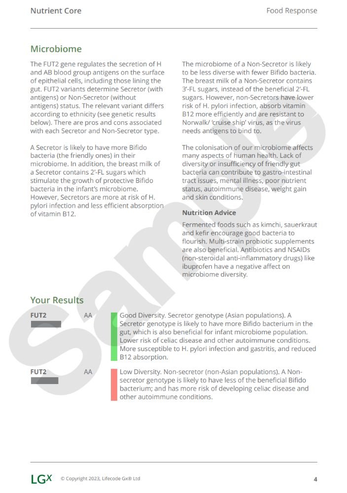 Sample Report Page of LifecodeGX Nutrigenomic Test